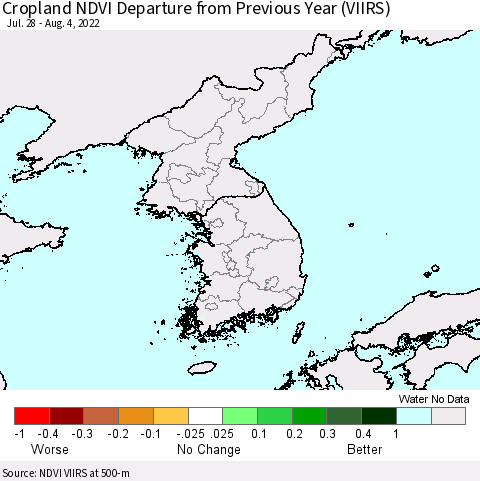 Korea Cropland NDVI Departure from Previous Year (VIIRS) Thematic Map For 7/28/2022 - 8/4/2022