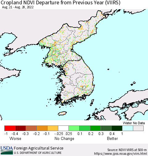 Korea Cropland NDVI Departure from Previous Year (VIIRS) Thematic Map For 8/21/2022 - 8/31/2022