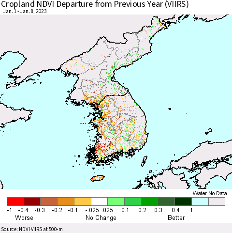 Korea Cropland NDVI Departure from Previous Year (VIIRS) Thematic Map For 1/1/2023 - 1/8/2023