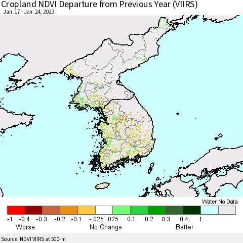Korea Cropland NDVI Departure from Previous Year (VIIRS) Thematic Map For 1/17/2023 - 1/24/2023