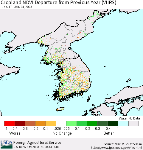 Korea Cropland NDVI Departure from Previous Year (VIIRS) Thematic Map For 1/21/2023 - 1/31/2023