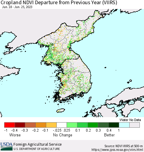 Korea Cropland NDVI Departure from Previous Year (VIIRS) Thematic Map For 6/21/2023 - 6/30/2023