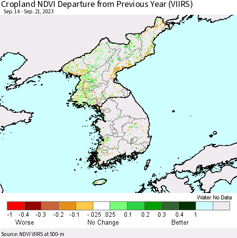 Korea Cropland NDVI Departure from Previous Year (VIIRS) Thematic Map For 9/14/2023 - 9/21/2023