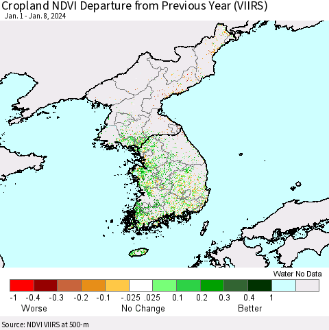 Korea Cropland NDVI Departure from Previous Year (VIIRS) Thematic Map For 1/1/2024 - 1/8/2024