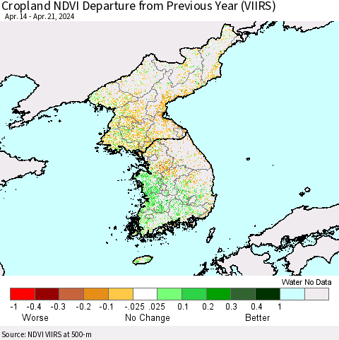 Korea Cropland NDVI Departure from Previous Year (VIIRS) Thematic Map For 4/14/2024 - 4/21/2024