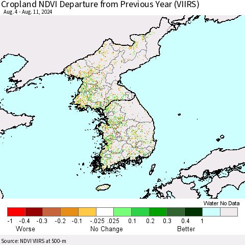 Korea Cropland NDVI Departure from Previous Year (VIIRS) Thematic Map For 8/4/2024 - 8/11/2024