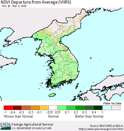 Korea NDVI Departure from Average (VIIRS) Thematic Map For 3/1/2020 - 3/10/2020