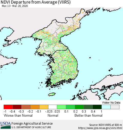 Korea NDVI Departure from Average (VIIRS) Thematic Map For 3/11/2020 - 3/20/2020