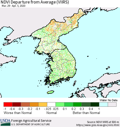 Korea NDVI Departure from Average (VIIRS) Thematic Map For 4/1/2020 - 4/10/2020