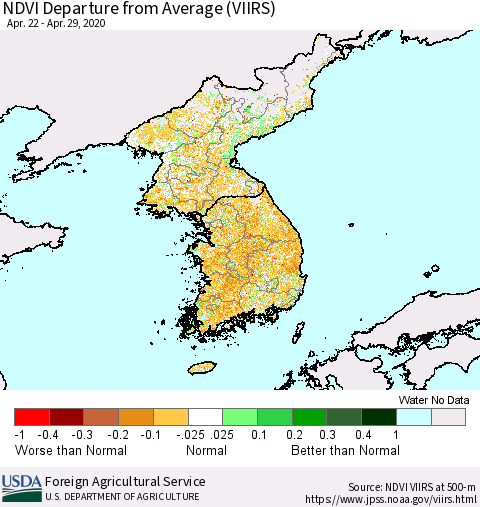 Korea NDVI Departure from Average (VIIRS) Thematic Map For 4/21/2020 - 4/30/2020