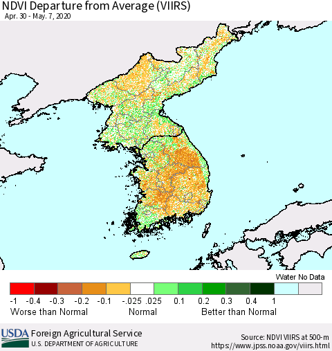 Korea NDVI Departure from Average (VIIRS) Thematic Map For 5/1/2020 - 5/10/2020