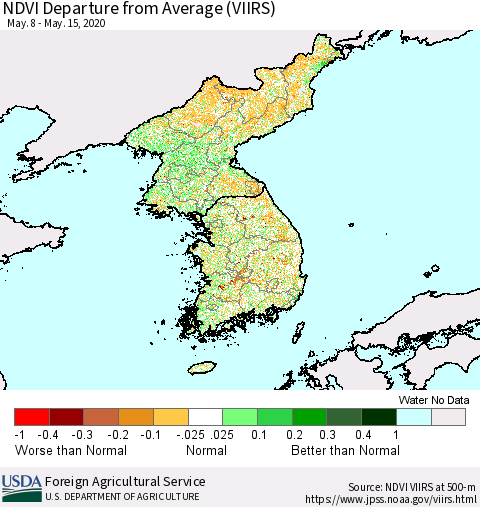 Korea NDVI Departure from Average (VIIRS) Thematic Map For 5/11/2020 - 5/20/2020