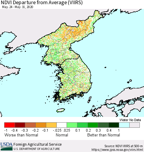 Korea NDVI Departure from Average (VIIRS) Thematic Map For 5/21/2020 - 5/31/2020