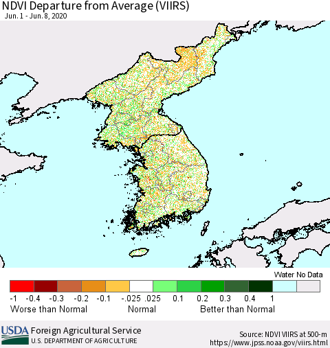 Korea NDVI Departure from Average (VIIRS) Thematic Map For 6/1/2020 - 6/10/2020