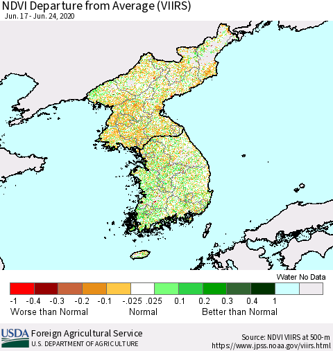 Korea NDVI Departure from Average (VIIRS) Thematic Map For 6/21/2020 - 6/30/2020