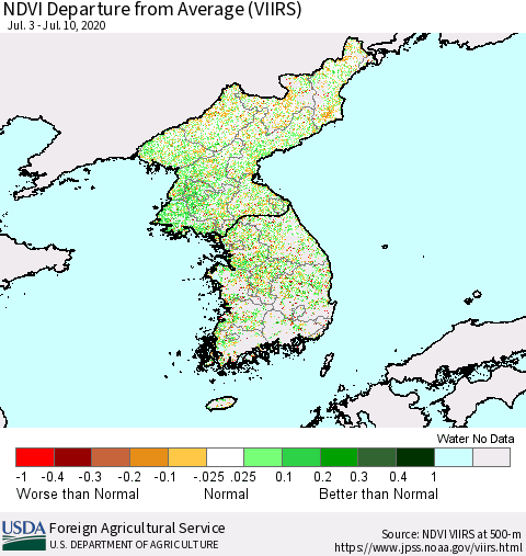 Korea NDVI Departure from Average (VIIRS) Thematic Map For 7/1/2020 - 7/10/2020
