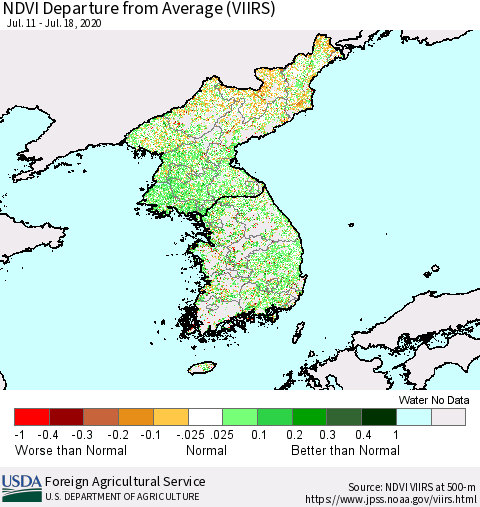 Korea NDVI Departure from Average (VIIRS) Thematic Map For 7/11/2020 - 7/20/2020