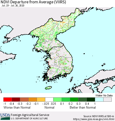 Korea NDVI Departure from Average (VIIRS) Thematic Map For 7/21/2020 - 7/31/2020