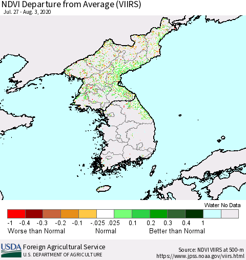 Korea NDVI Departure from Average (VIIRS) Thematic Map For 8/1/2020 - 8/10/2020