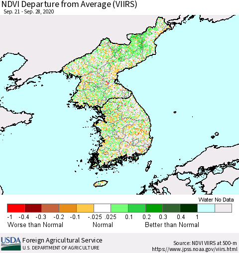 Korea NDVI Departure from Average (VIIRS) Thematic Map For 9/21/2020 - 9/30/2020