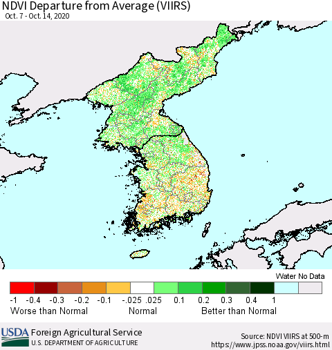Korea NDVI Departure from Average (VIIRS) Thematic Map For 10/11/2020 - 10/20/2020