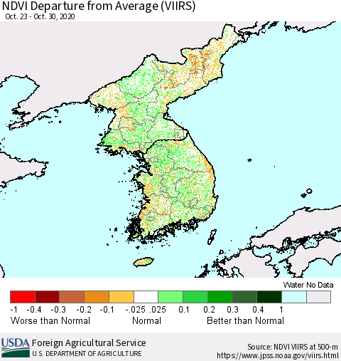 Korea NDVI Departure from Average (VIIRS) Thematic Map For 10/21/2020 - 10/31/2020