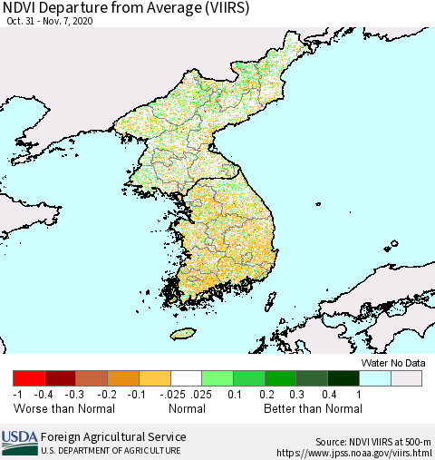 Korea NDVI Departure from Average (VIIRS) Thematic Map For 11/1/2020 - 11/10/2020