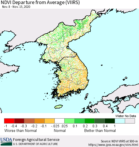 Korea NDVI Departure from Average (VIIRS) Thematic Map For 11/11/2020 - 11/20/2020