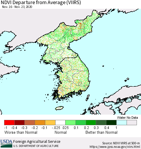 Korea NDVI Departure from Average (VIIRS) Thematic Map For 11/21/2020 - 11/30/2020