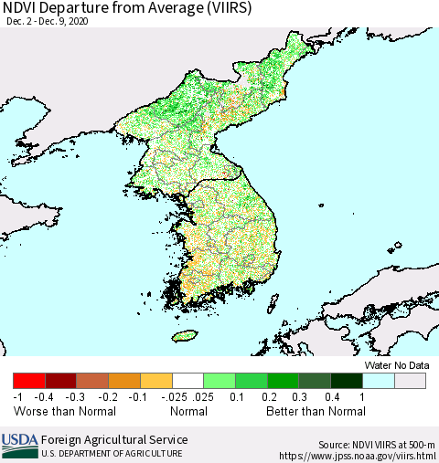 Korea NDVI Departure from Average (VIIRS) Thematic Map For 12/1/2020 - 12/10/2020