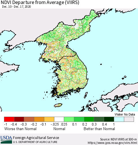 Korea NDVI Departure from Average (VIIRS) Thematic Map For 12/11/2020 - 12/20/2020