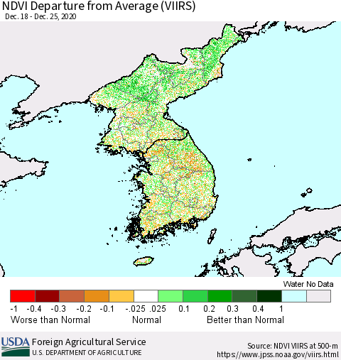 Korea NDVI Departure from Average (VIIRS) Thematic Map For 12/21/2020 - 12/31/2020