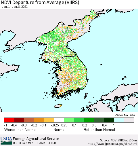Korea NDVI Departure from Average (VIIRS) Thematic Map For 1/1/2021 - 1/10/2021