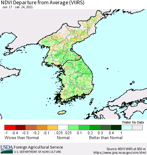 Korea NDVI Departure from Average (VIIRS) Thematic Map For 1/21/2021 - 1/31/2021