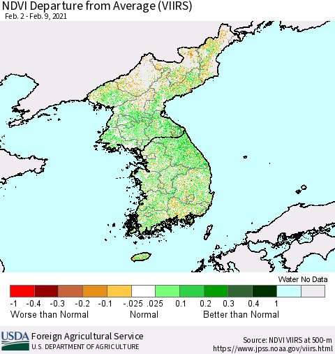 Korea NDVI Departure from Average (VIIRS) Thematic Map For 2/1/2021 - 2/10/2021