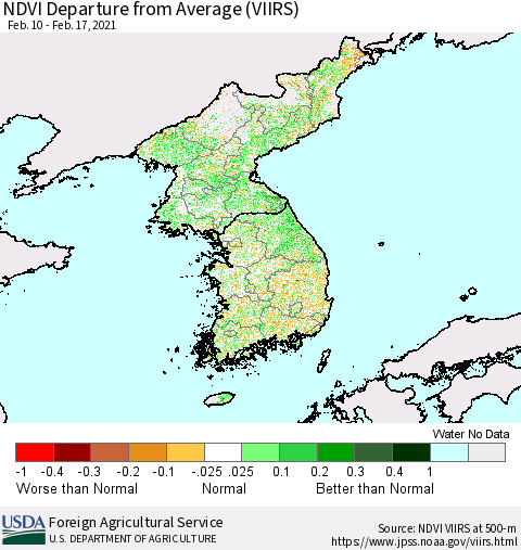 Korea NDVI Departure from Average (VIIRS) Thematic Map For 2/11/2021 - 2/20/2021