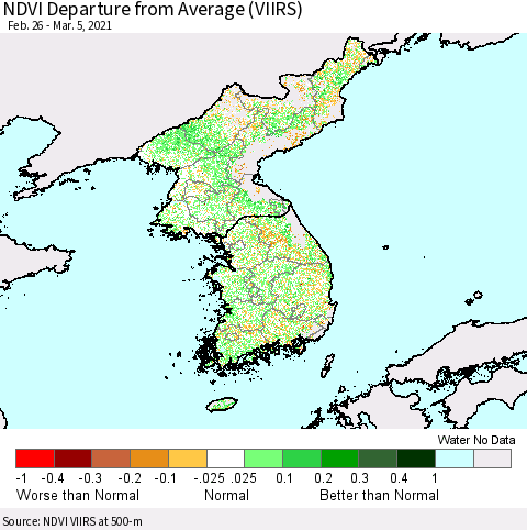 Korea NDVI Departure from Average (VIIRS) Thematic Map For 2/26/2021 - 3/5/2021