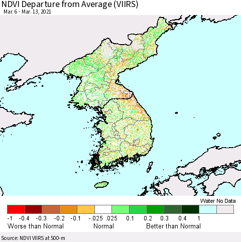 Korea NDVI Departure from Average (VIIRS) Thematic Map For 3/6/2021 - 3/13/2021