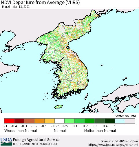 Korea NDVI Departure from Average (VIIRS) Thematic Map For 3/11/2021 - 3/20/2021