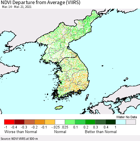 Korea NDVI Departure from Average (VIIRS) Thematic Map For 3/14/2021 - 3/21/2021