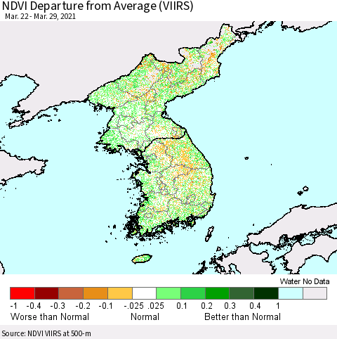 Korea NDVI Departure from Average (VIIRS) Thematic Map For 3/22/2021 - 3/29/2021