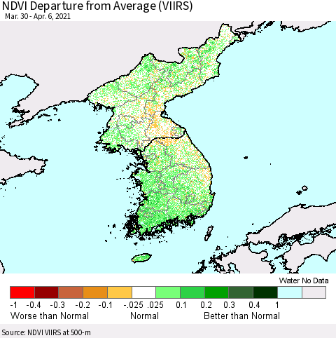 Korea NDVI Departure from Average (VIIRS) Thematic Map For 3/30/2021 - 4/6/2021