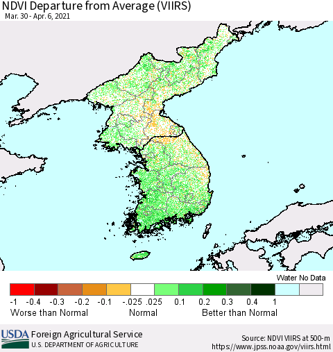 Korea NDVI Departure from Average (VIIRS) Thematic Map For 4/1/2021 - 4/10/2021