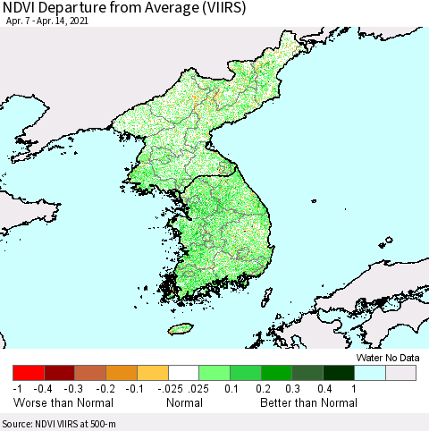 Korea NDVI Departure from Average (VIIRS) Thematic Map For 4/7/2021 - 4/14/2021