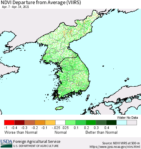 Korea NDVI Departure from Average (VIIRS) Thematic Map For 4/11/2021 - 4/20/2021
