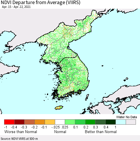 Korea NDVI Departure from Average (VIIRS) Thematic Map For 4/15/2021 - 4/22/2021