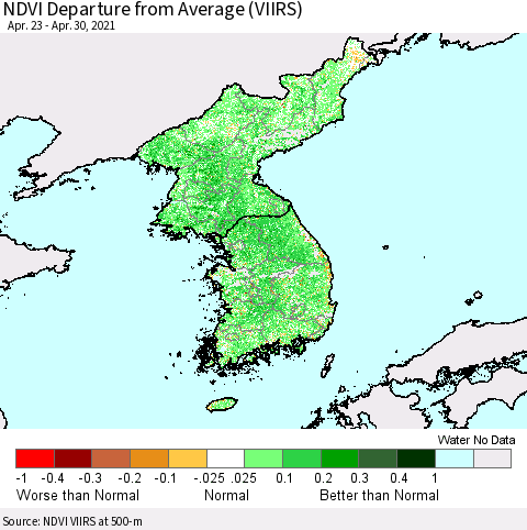Korea NDVI Departure from Average (VIIRS) Thematic Map For 4/21/2021 - 4/30/2021
