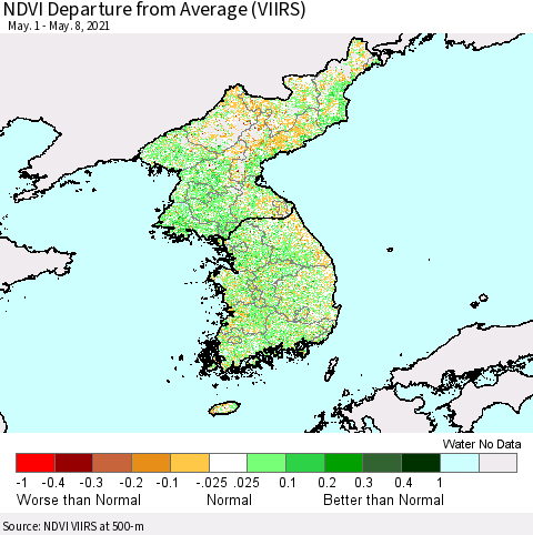 Korea NDVI Departure from Average (VIIRS) Thematic Map For 5/1/2021 - 5/8/2021