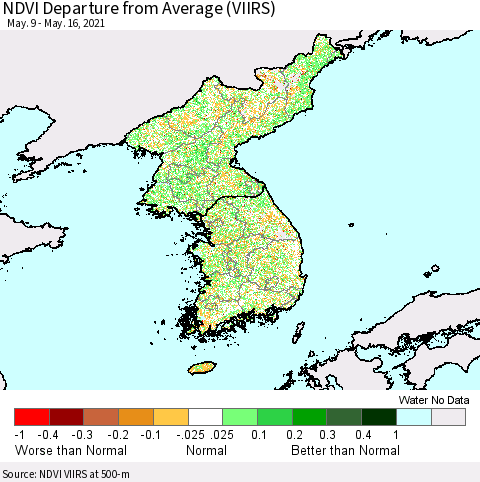 Korea NDVI Departure from Average (VIIRS) Thematic Map For 5/9/2021 - 5/16/2021