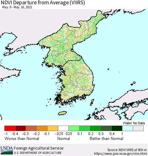 Korea NDVI Departure from Average (VIIRS) Thematic Map For 5/11/2021 - 5/20/2021